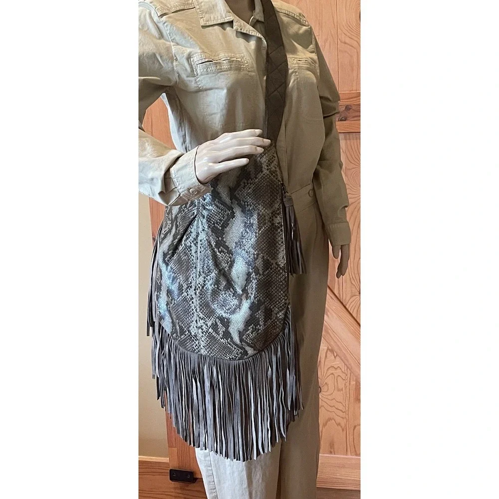 MUXO Camila Alves Boho Fringe Hobo Shoulder Bag Brown Python Suede Leather
